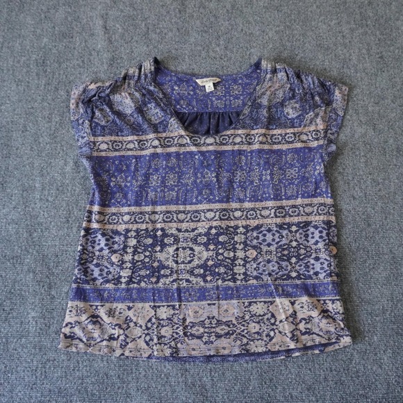 Lucky Brand Womens Medium Blue Paisley Print V Neck Short Sleeve Top Blouse - Picture 1 of 5